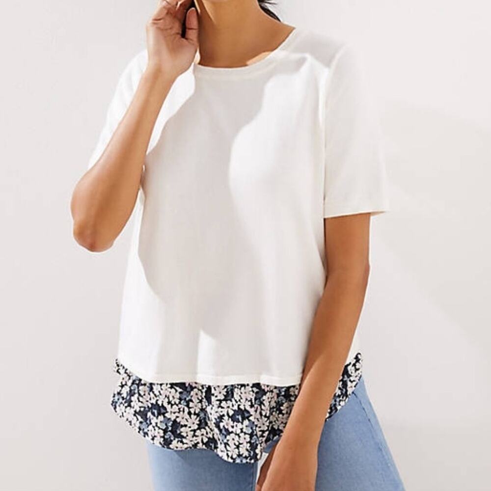 LOFT Floral Mixed Media Crossover White Shirt | women size small